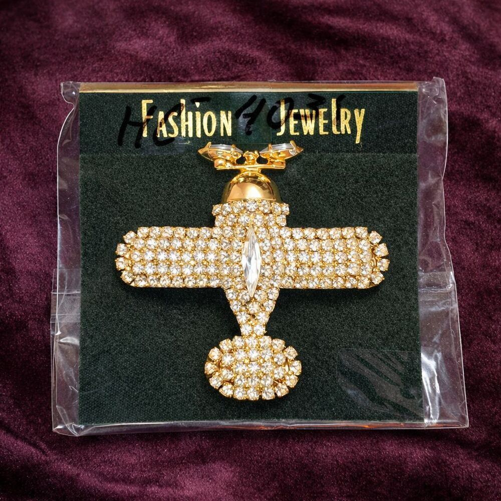 Gold Tone Rhinestone Airplane Brooch Pin Sparkly Crystal Biplane Travel Flight - Picture 2 of 3